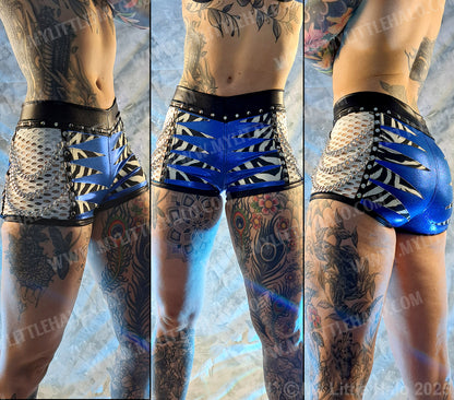 #7 Black, White, Blue & Zebra Print Fishnet Shorts