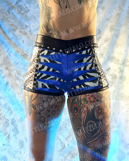 #7 Black, White, Blue & Zebra Print Fishnet Shorts