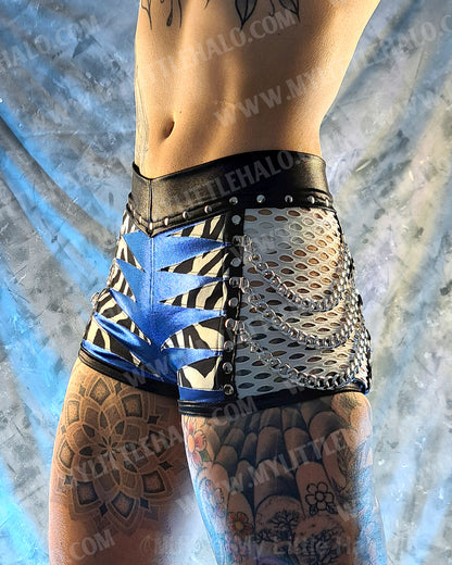 #7 Black, White, Blue & Zebra Print Fishnet Shorts