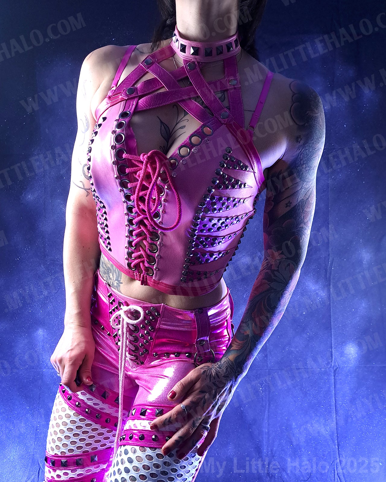 #7 Criss-cross Pink Rivet & Gemstone Bustier