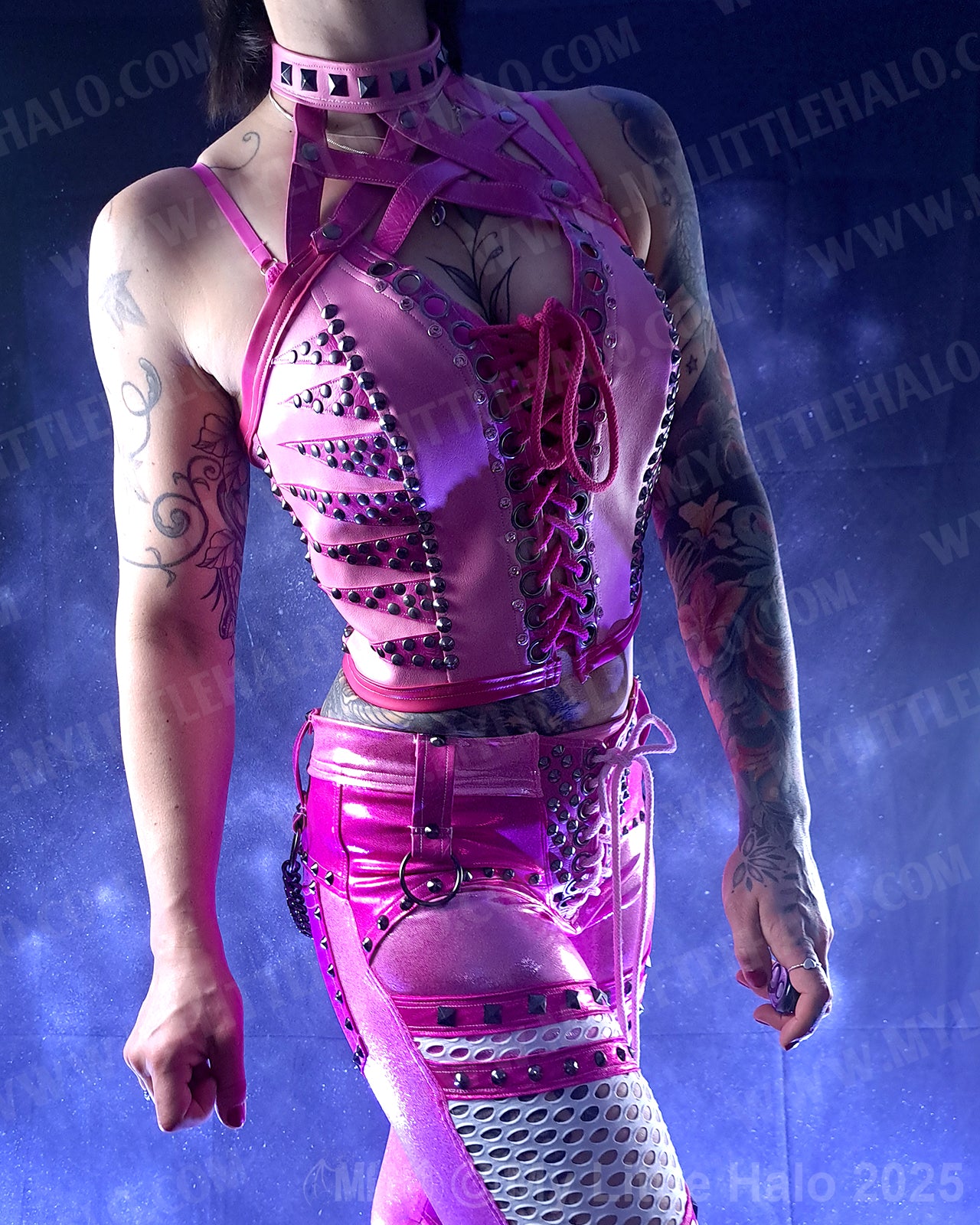 #7 Criss-cross Pink Rivet & Gemstone Bustier