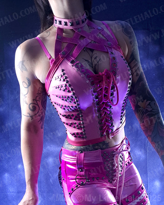 #7 Criss-cross Pink Rivet & Gemstone Bustier