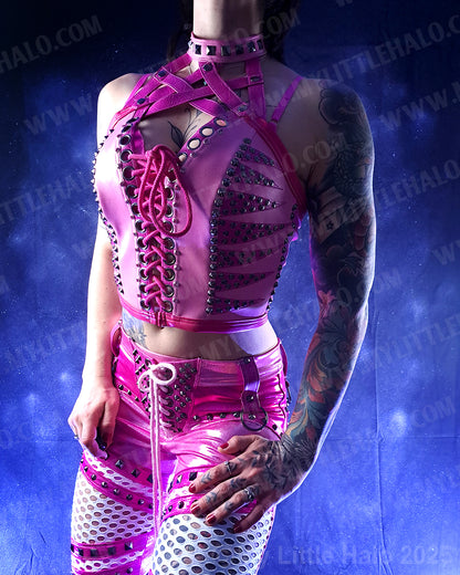 #7 Criss-cross Pink Rivet & Gemstone Bustier