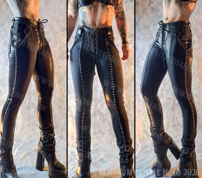 Mid Rise Black, Gunmetal Rivet & Chain Cigarette Pants #7