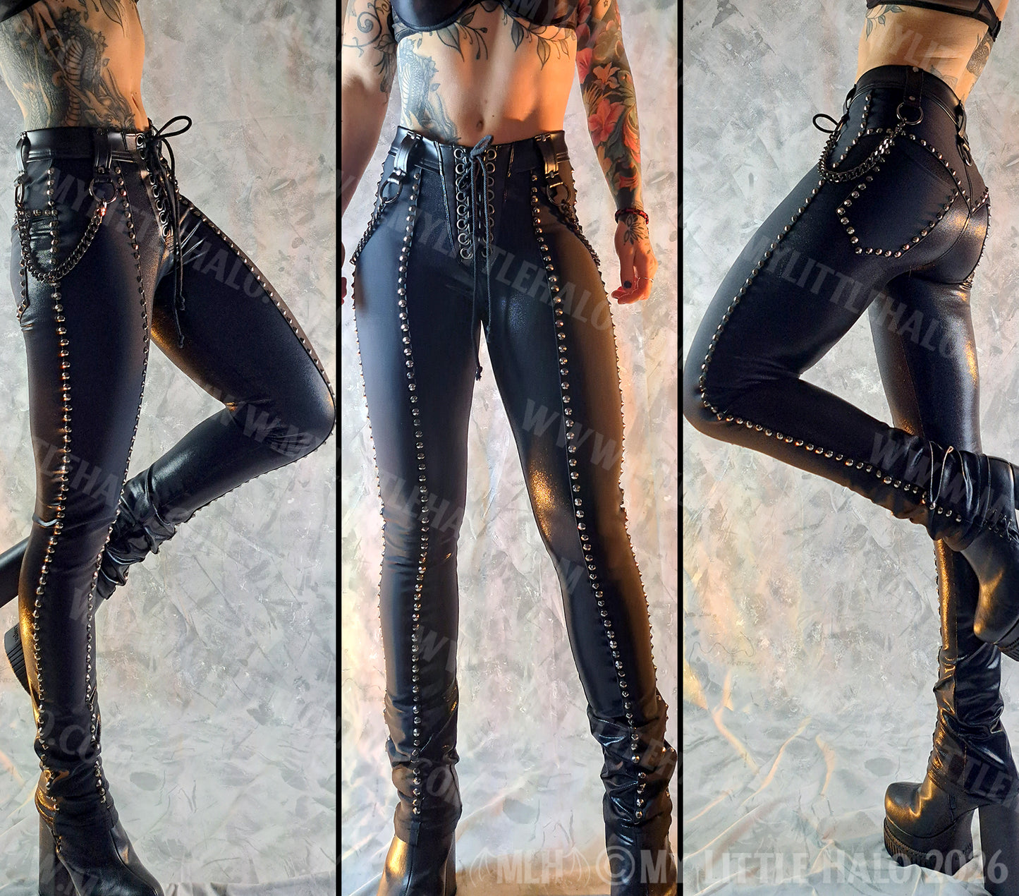 Mid Rise Black, Gunmetal Rivet & Chain Cigarette Pants #7
