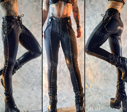 Mid Rise Black, Gunmetal Rivet & Chain Cigarette Pants #7