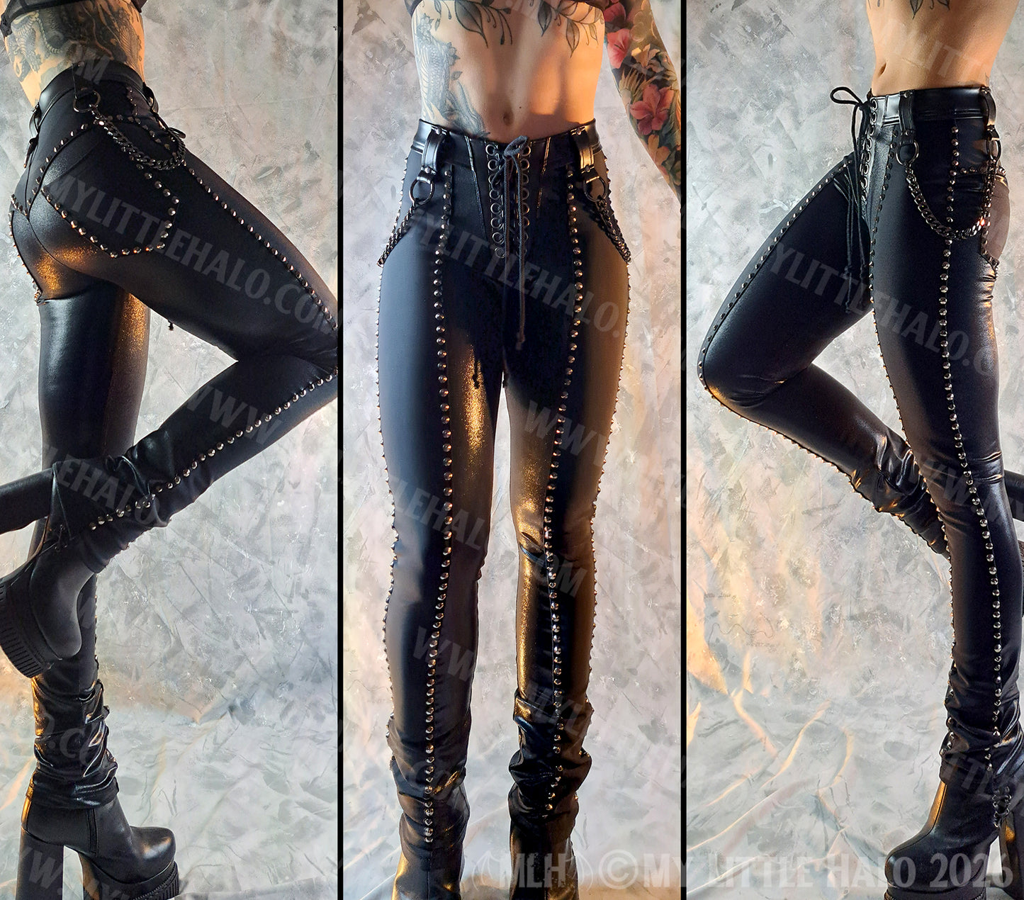 Mid Rise Black, Gunmetal Rivet & Chain Cigarette Pants #7