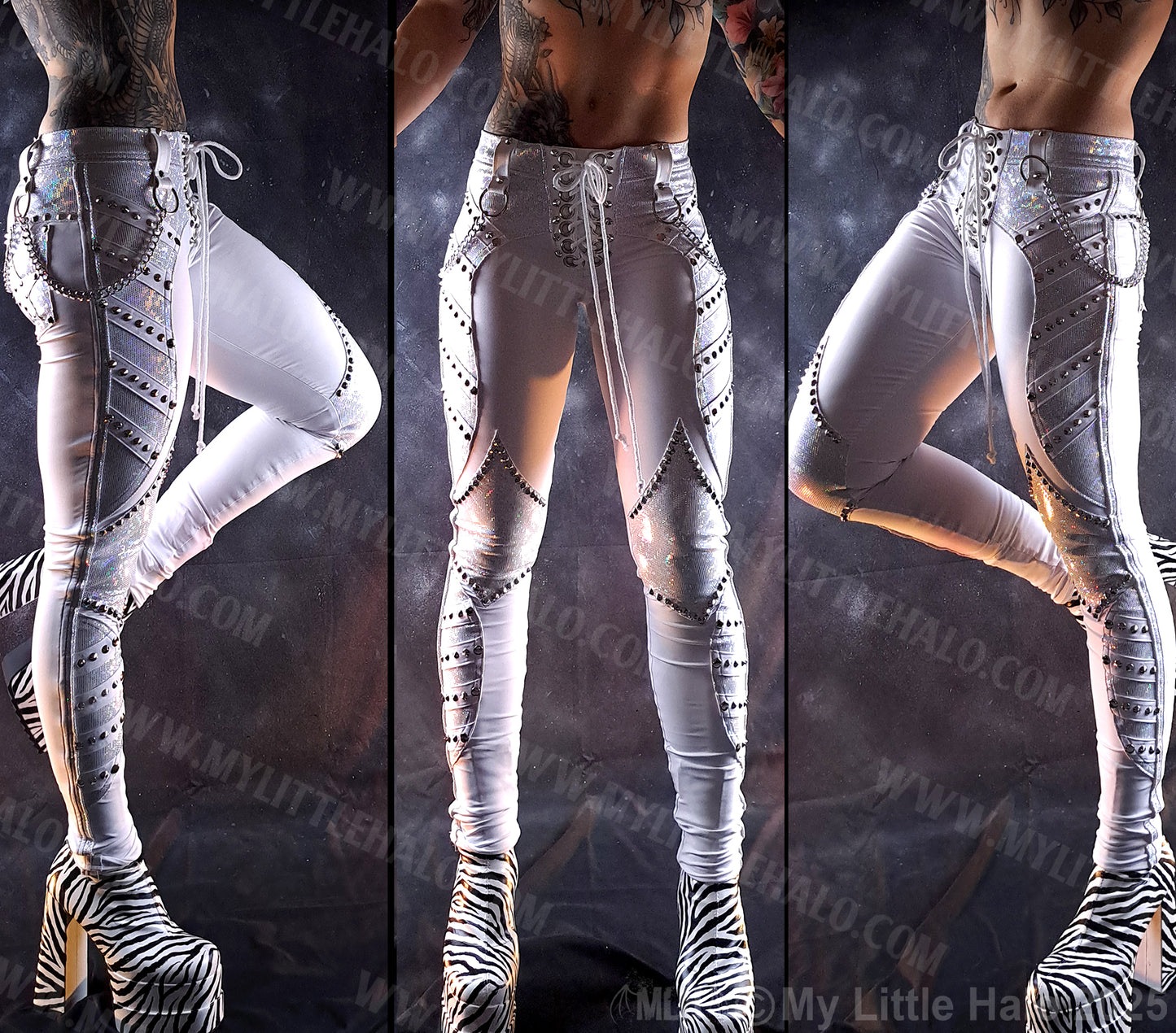 White Holographic Rivet & Chain Glam Rock Skinny Pants #7