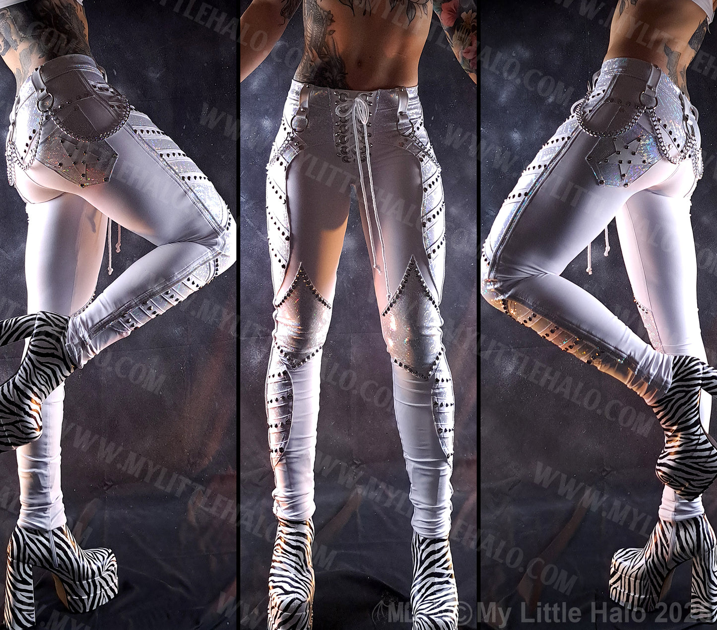 White Holographic Rivet & Chain Glam Rock Skinny Pants #7