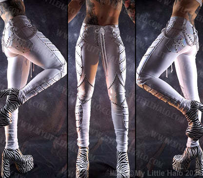 White Holographic Rivet & Chain Glam Rock Skinny Pants #7