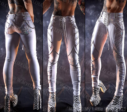 White Holographic Rivet & Chain Glam Rock Skinny Pants #7
