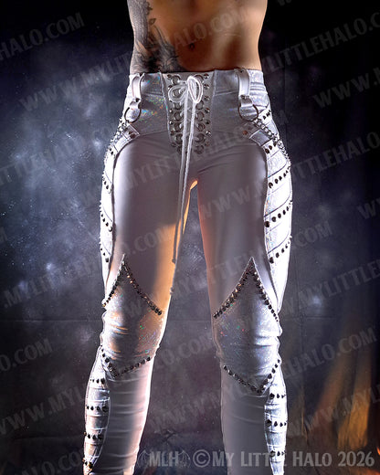 White Holographic Rivet & Chain Glam Rock Skinny Pants #7