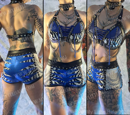 #8 Blue & Zebra Print Spiked & Chained Bikini Top