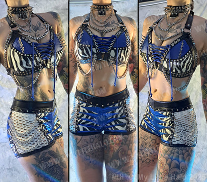 #8 Blue & Zebra Print Spiked & Chained Bikini Top