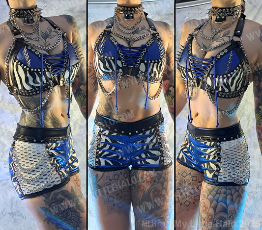 #8 Blue & Zebra Print Spiked & Chained Bikini Top