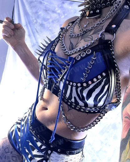 #8 Blue & Zebra Print Spiked & Chained Bikini Top