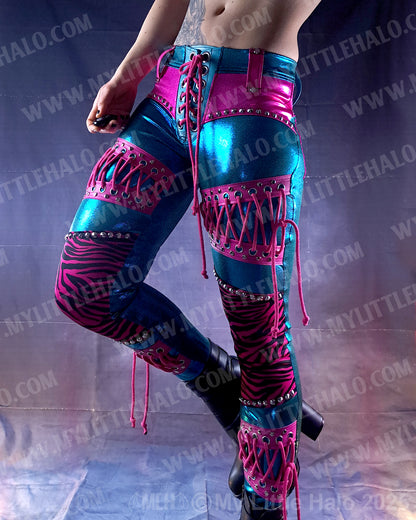 #8 Pink & Turquoise Zebra Lace up Pants (25-02-2-08)