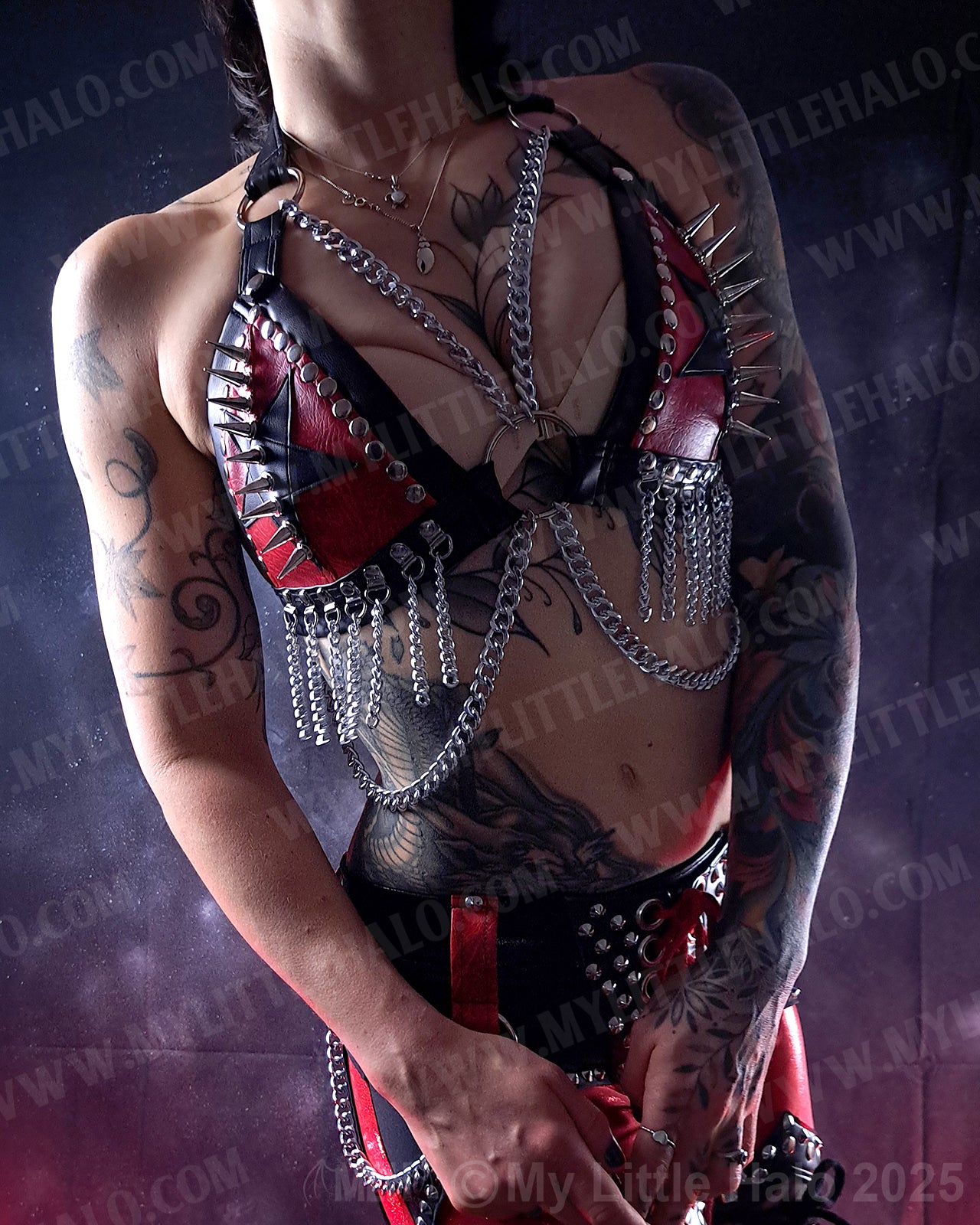 #8 Red & Black Spikes, Stars & Chains Bikini Top