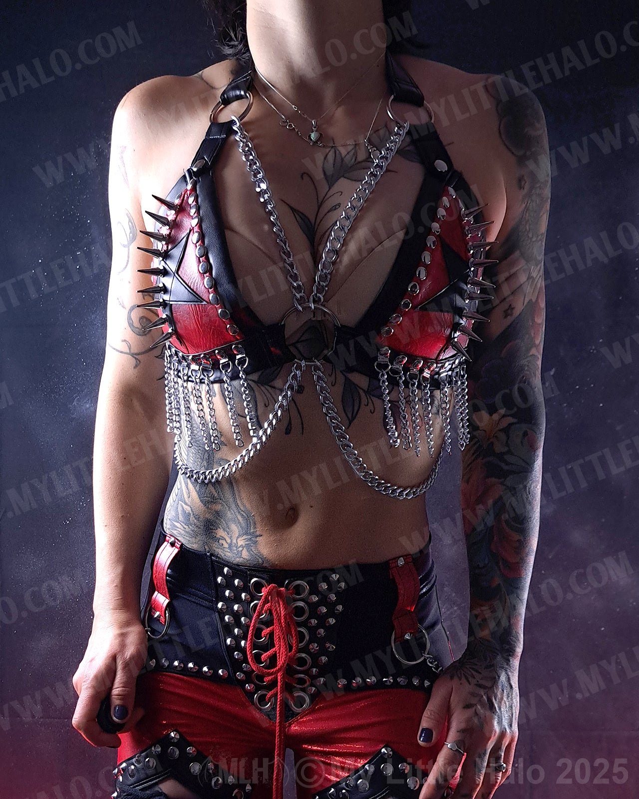 #8 Red & Black Spikes, Stars & Chains Bikini Top