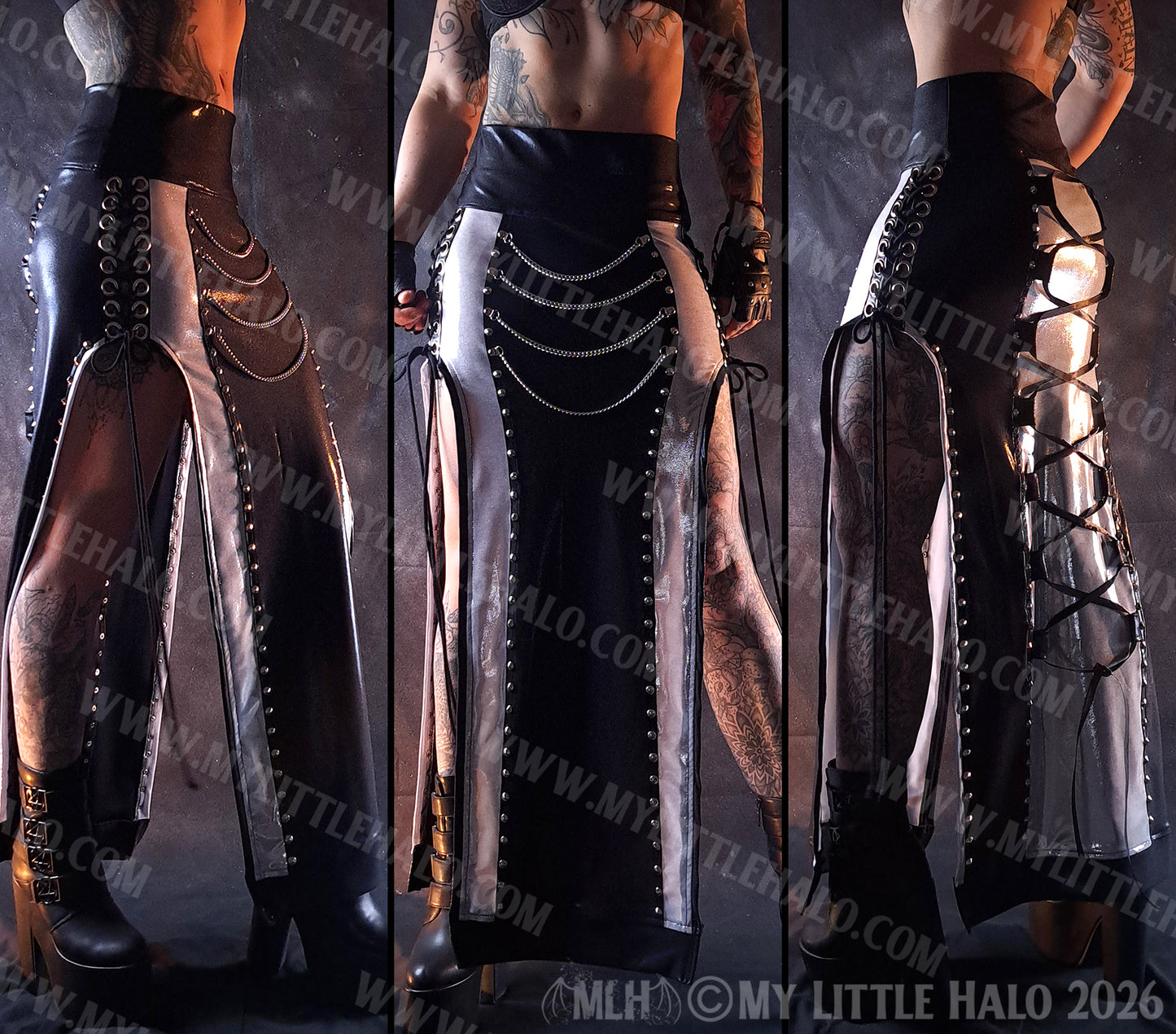 Silver & Black Lace up Maxi Skirt #8