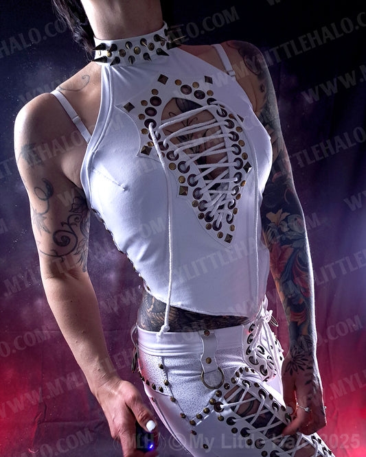 #8 White Spiked Choker-neck Peephole Crop