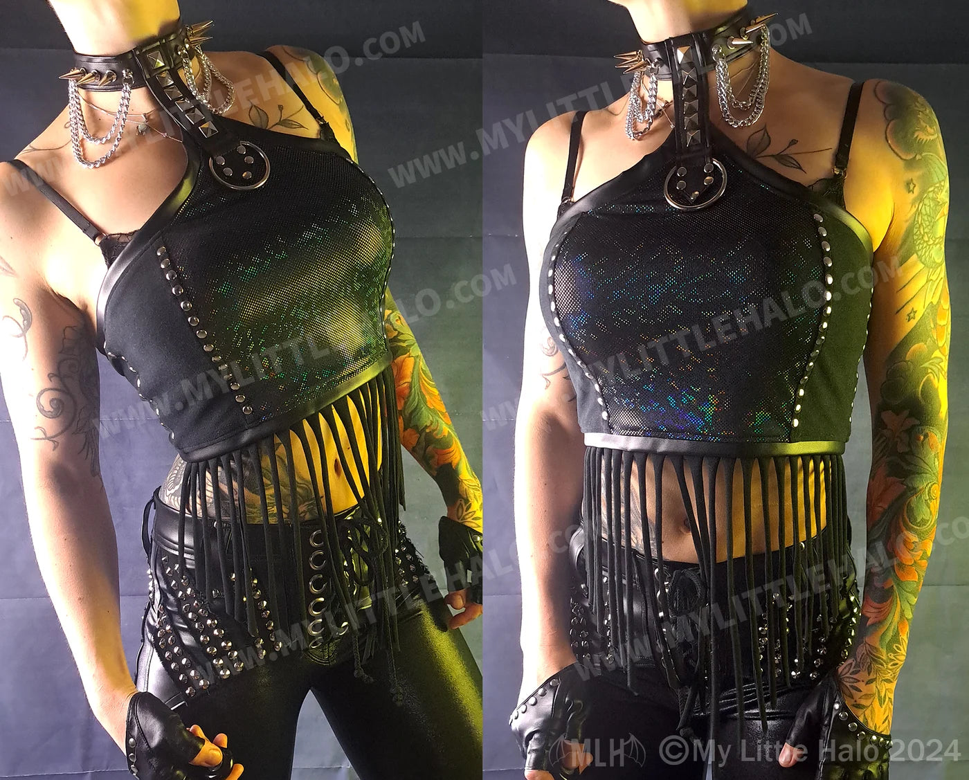 #8 Black Holographic Fringed Tube Halter