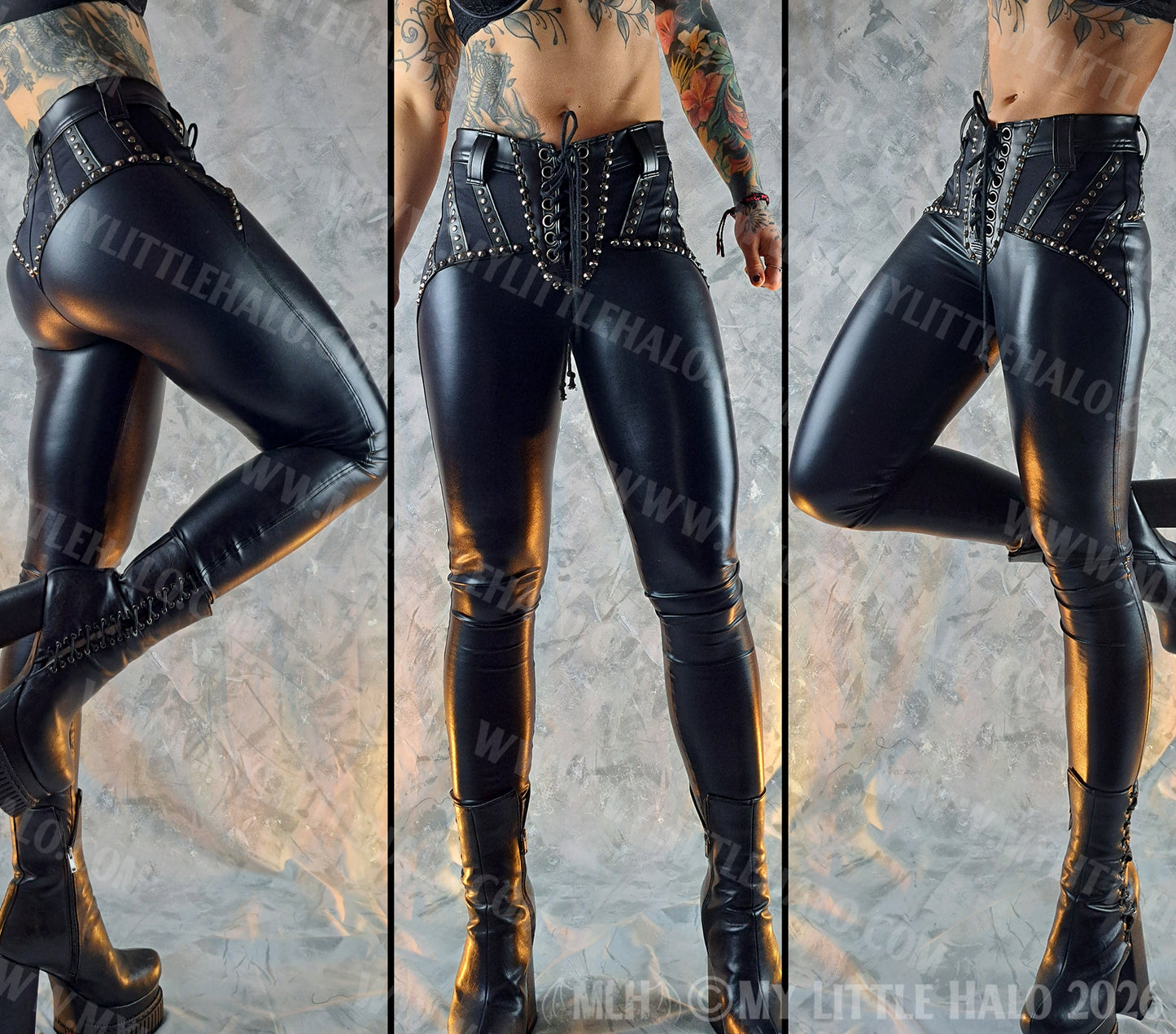 Mid Rise Black Wet Look, Gunmetal Rivet Skinny Rock Pants #8