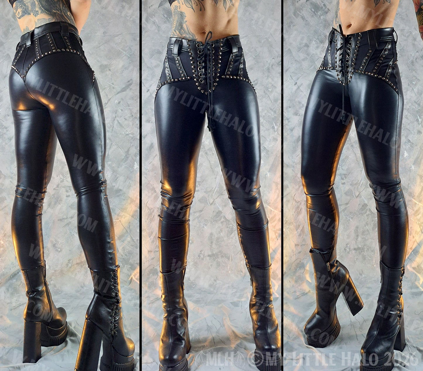 Mid Rise Black Wet Look, Gunmetal Rivet Skinny Rock Pants #8