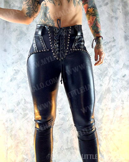 Mid Rise Black Wet Look, Gunmetal Rivet Skinny Rock Pants #8