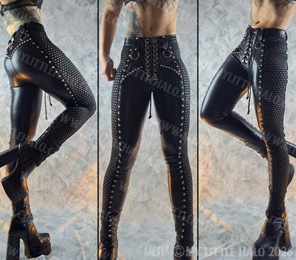 Black High Waisted Gothic Lace Panel Rivet Pants #9