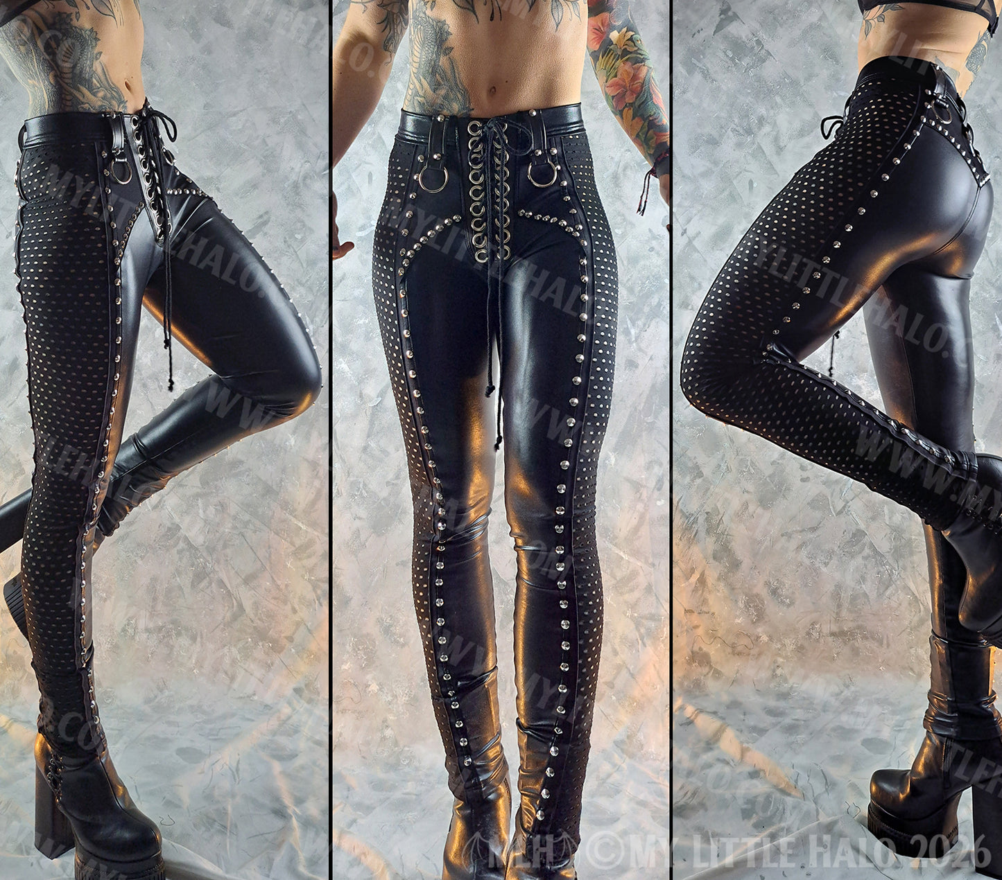 Black High Waisted Gothic Lace Panel Rivet Pants #9