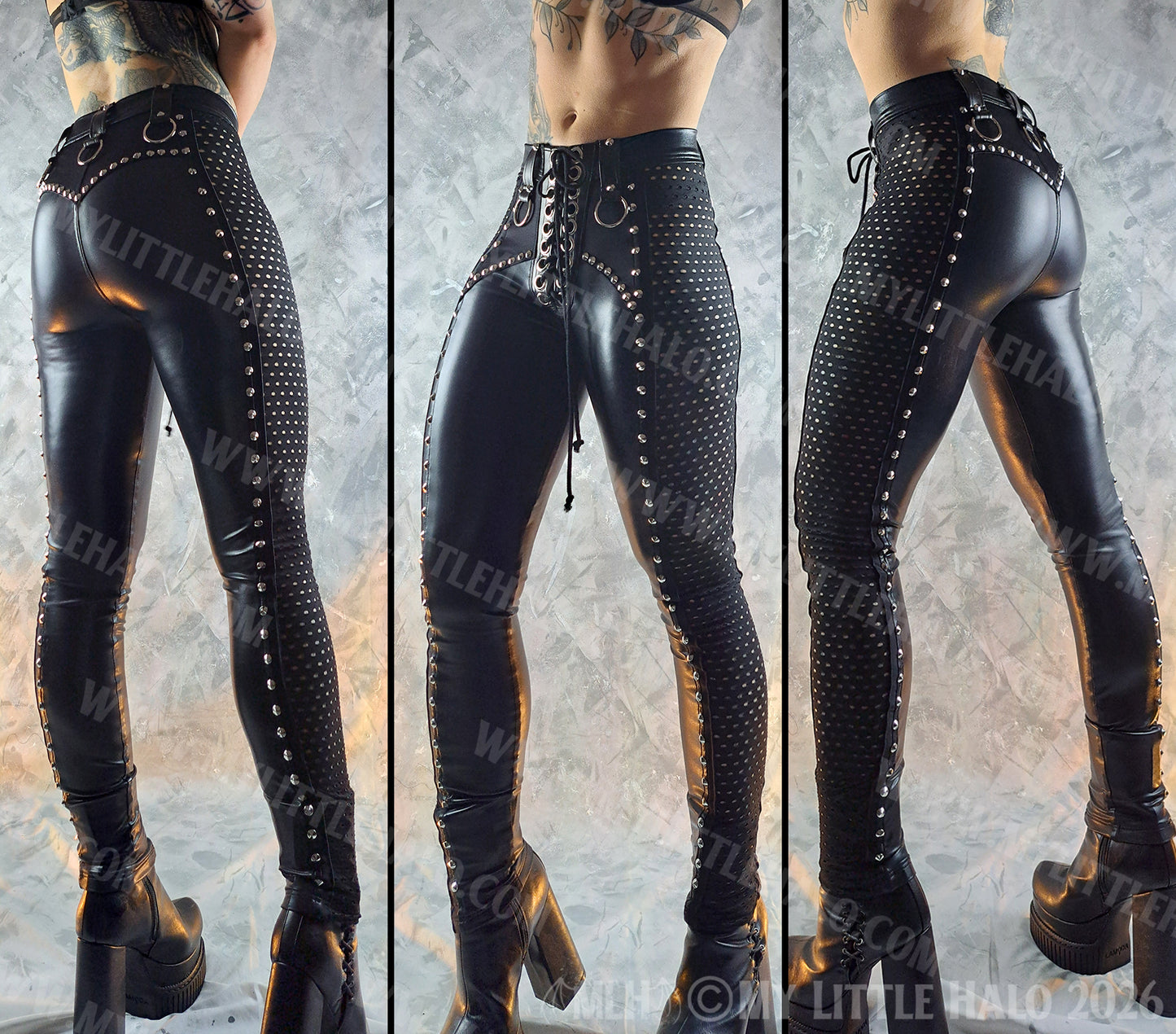 Black High Waisted Gothic Lace Panel Rivet Pants #9