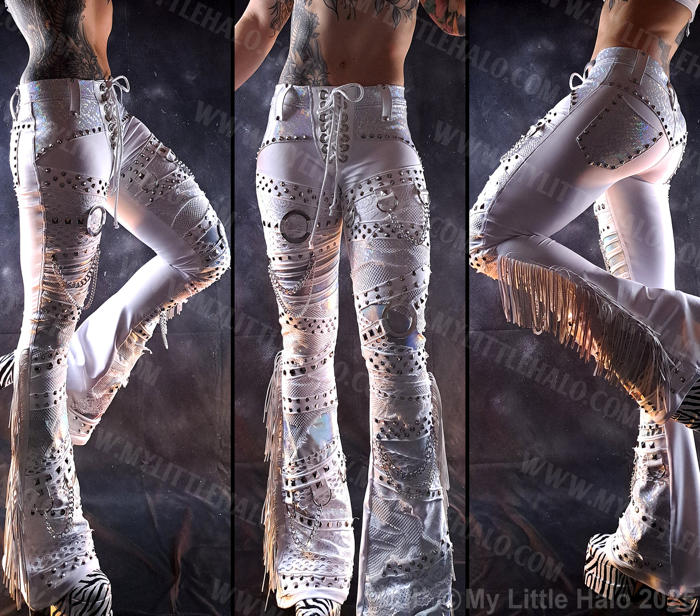 Fringed White Heavy Metal/Glam Flare Pants #9