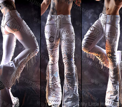 Fringed White Heavy Metal/Glam Flare Pants #9