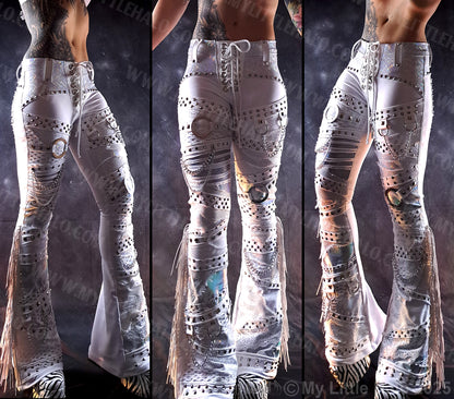 Fringed White Heavy Metal/Glam Flare Pants #9