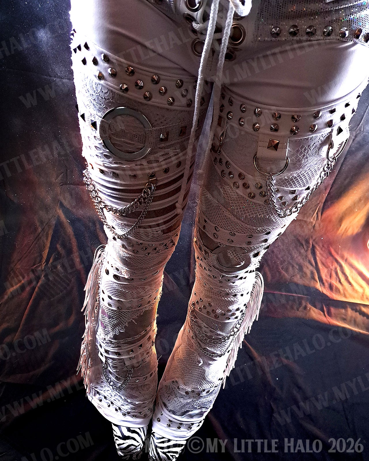 Fringed White Heavy Metal/Glam Flare Pants #9