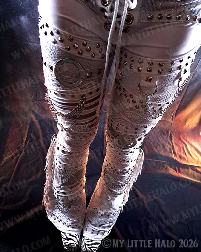 Fringed White Heavy Metal/Glam Flare Pants #9