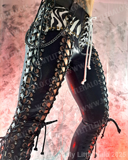 #9 Zebra Print & Black Double Lace up Metal Pants