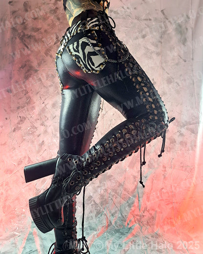 #9 Zebra Print & Black Double Lace up Metal Pants