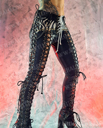 #9 Zebra Print & Black Double Lace up Metal Pants