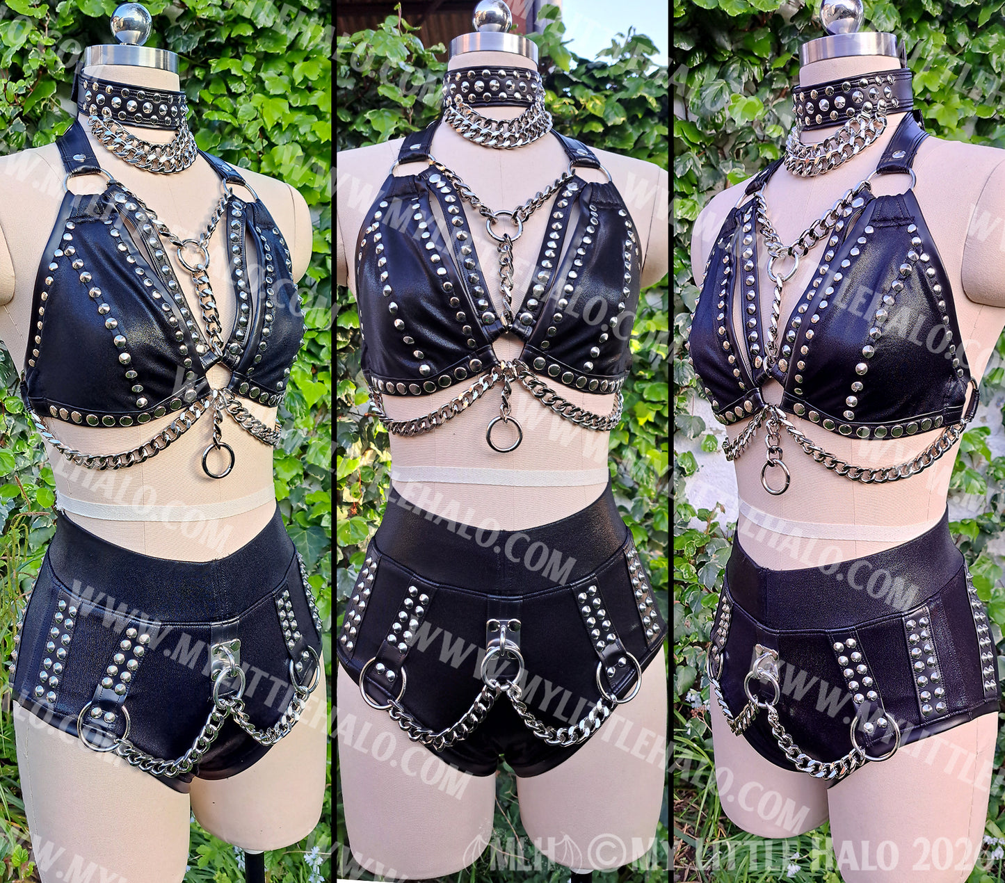 Black Heavy Metal 3 Piece Set - Bikini Top, High Waist Shorts & Choker