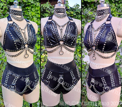 Black Heavy Metal 3 Piece Set - Bikini Top, High Waist Shorts & Choker