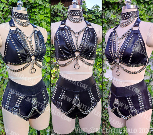 Black Heavy Metal 3 Piece Set - Bikini Top, High Waist Shorts & Choker
