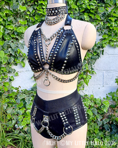 Black Heavy Metal 3 Piece Set - Bikini Top, High Waist Shorts & Choker