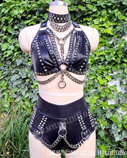 Black Heavy Metal 3 Piece Set - Bikini Top, High Waist Shorts & Choker
