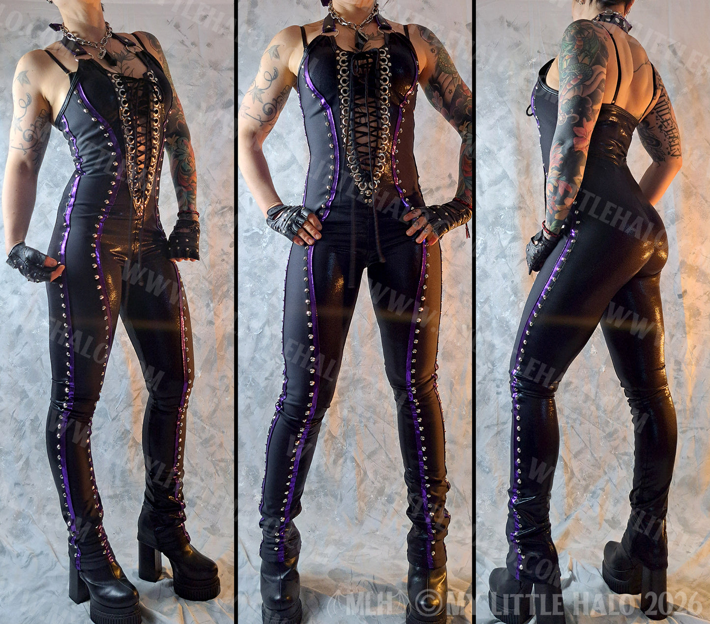 Black & Purple Lace up Catsuit