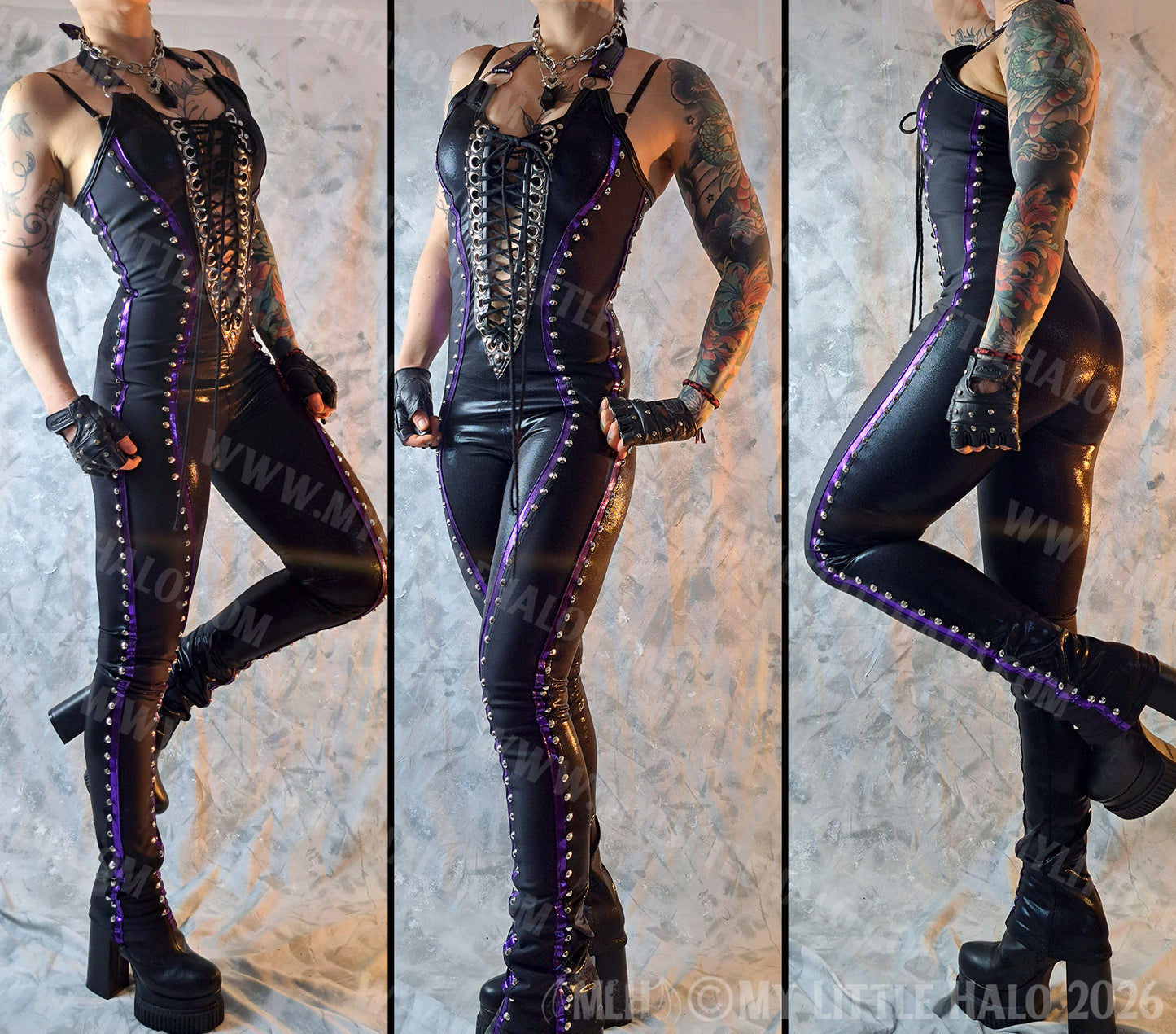 Black & Purple Lace up Catsuit