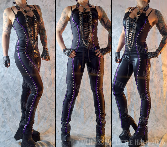 Black & Purple Lace up Catsuit