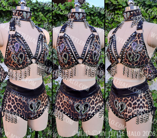 Broken Hearts Leopard Print 4 Piece Set – Bikini Top, Shorts, Wristlets & Choker