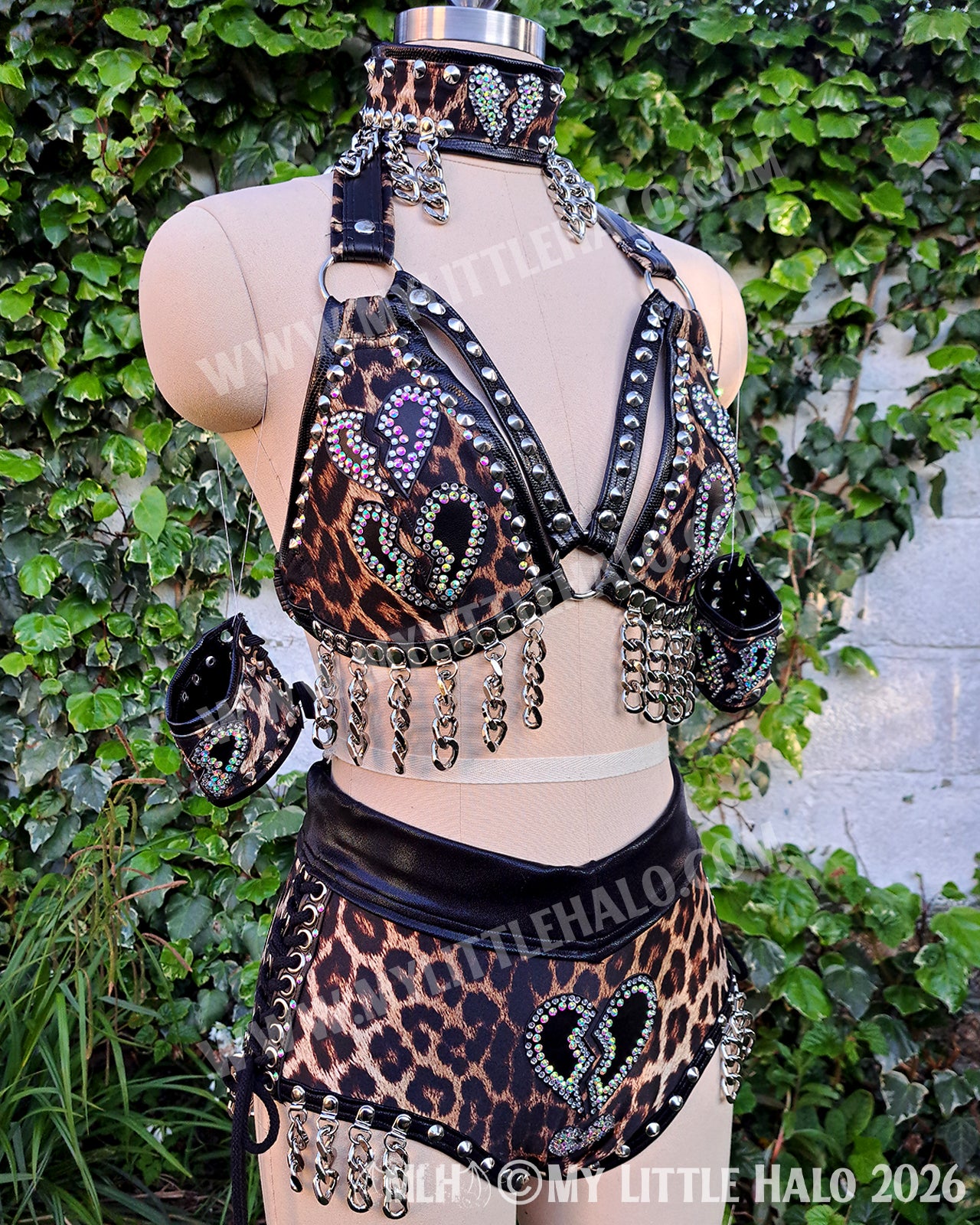 Broken Hearts Leopard Print 4 Piece Set – Bikini Top, Shorts, Wristlets & Choker